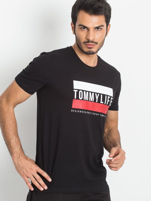 TOMMY LIFE Męski czarny t-shirt