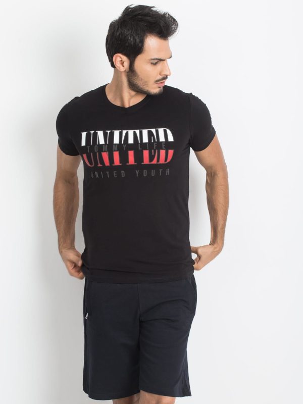 TOMMY LIFE Czarny męski t-shirt z printem
