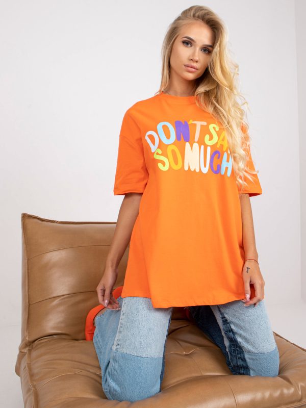 Pomarańczowy bawełniany t-shirt z nadrukiem i okrągłym dekoltem