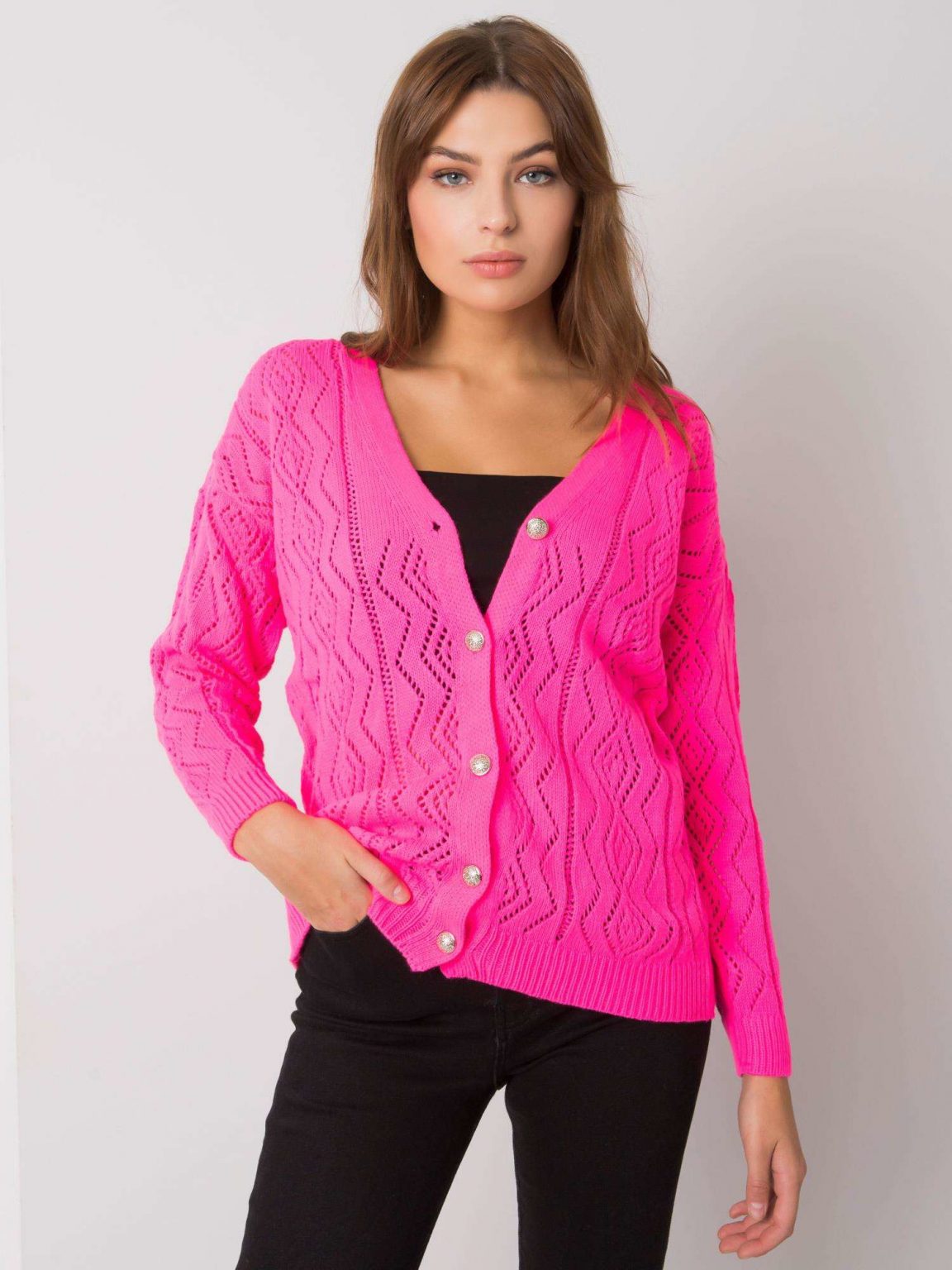 Fluo różowy ażurowy sweter z guzikami Gregoire RUE PARIS