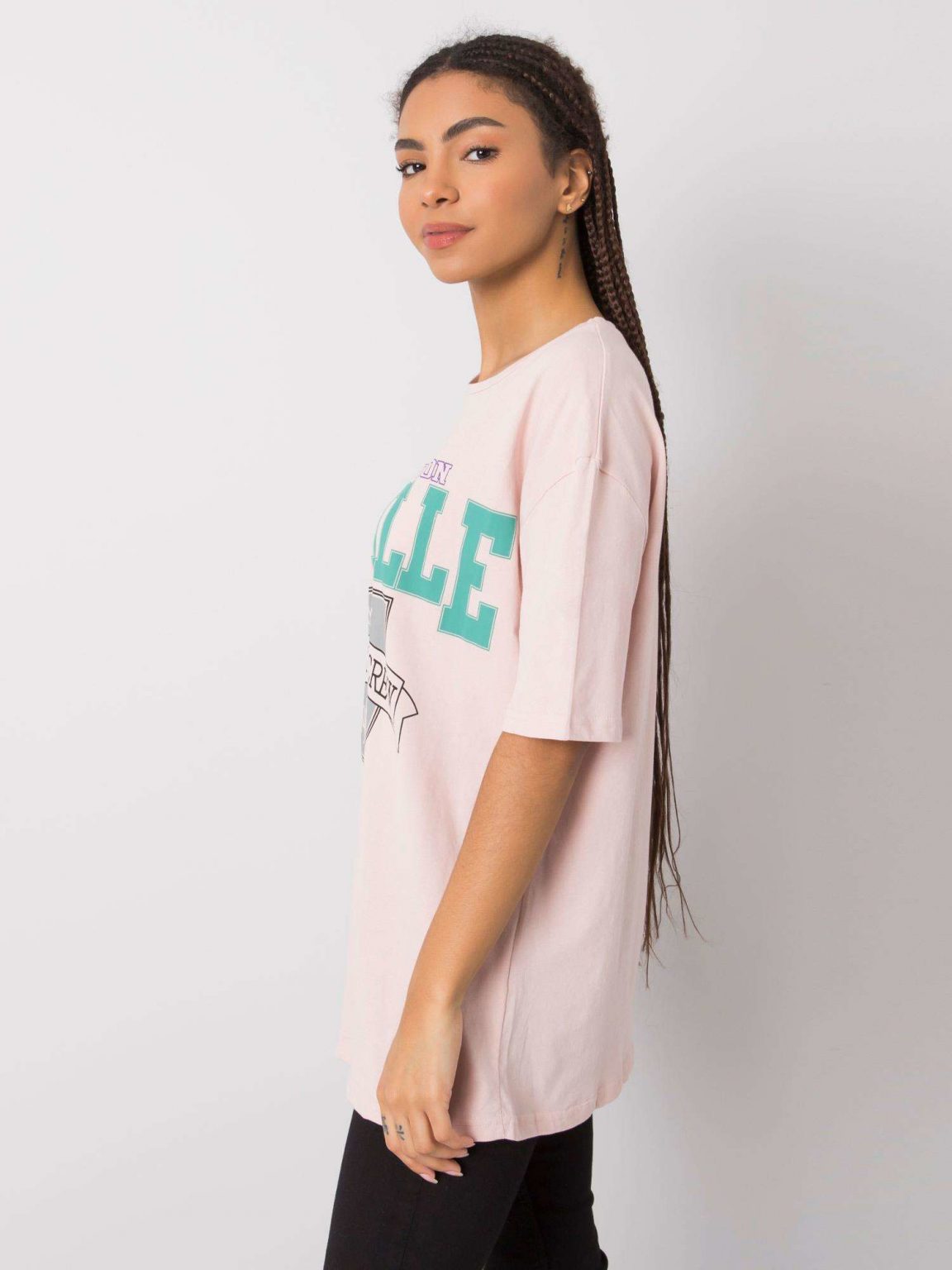 Jasnoróżowy t-shirt damski z printem Margaret RUE PARIS