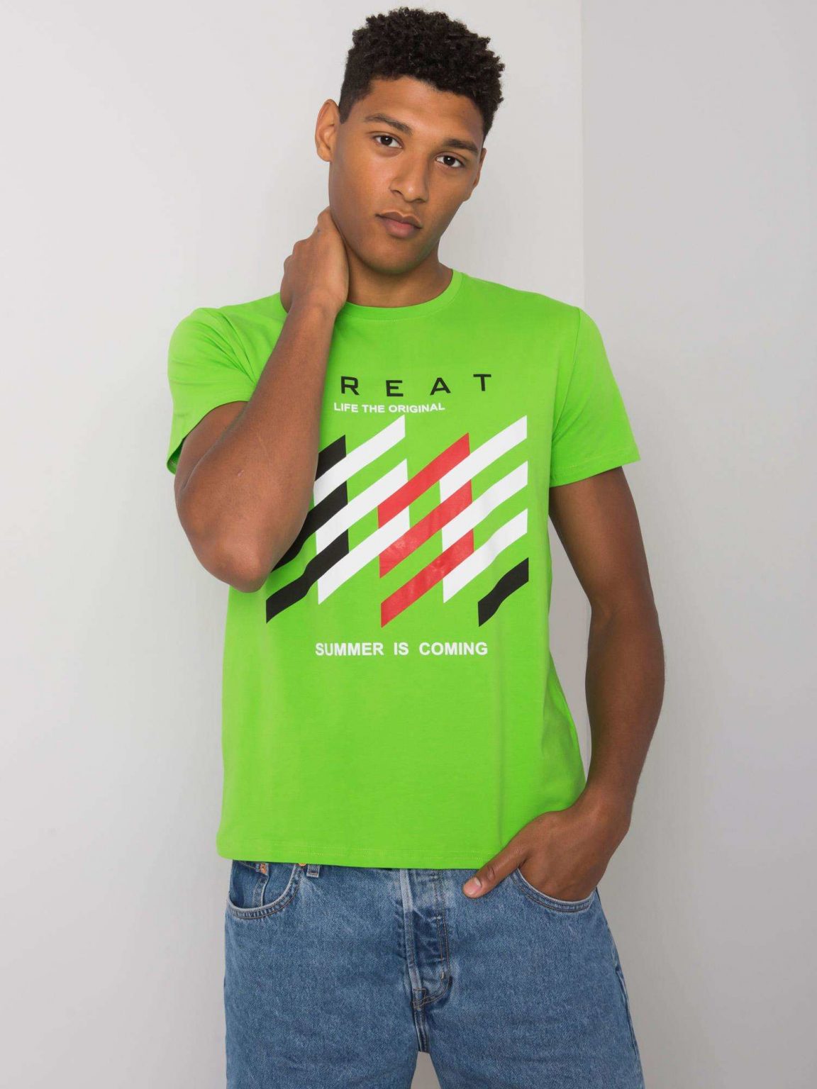 Zielony t-shirt męski z kolorowym nadrukiem Adriel