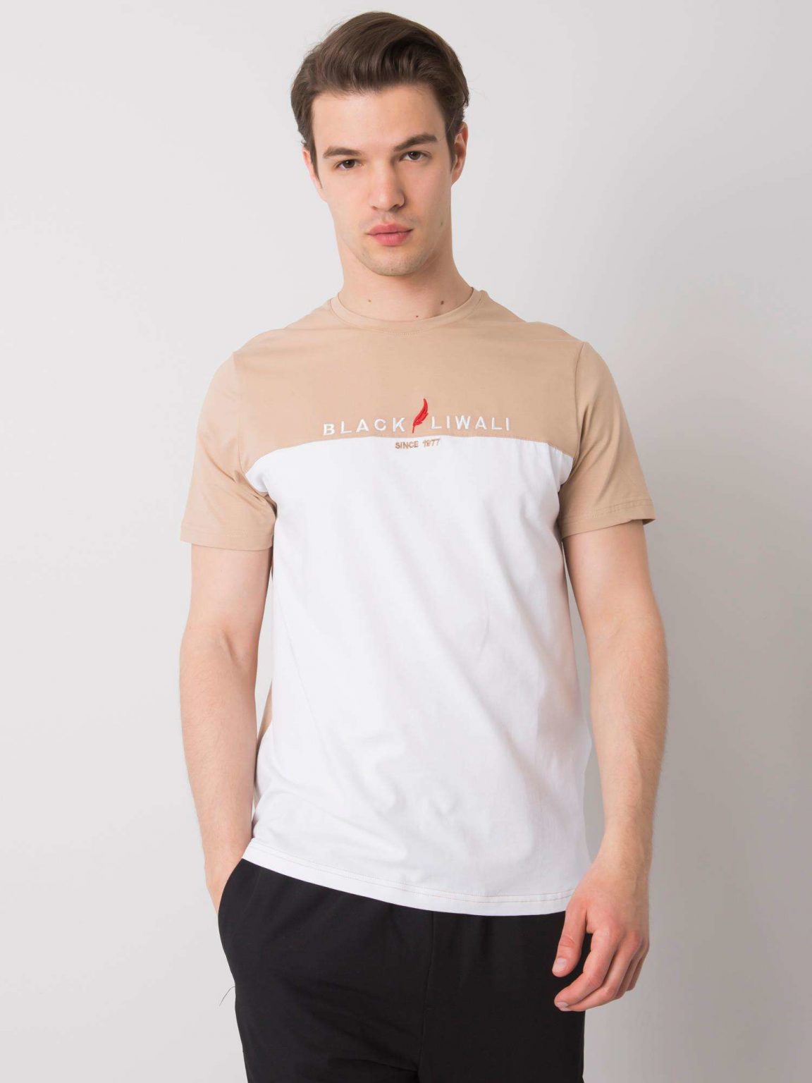 Beżowo-biały t-shirt męski Morris LIWALI