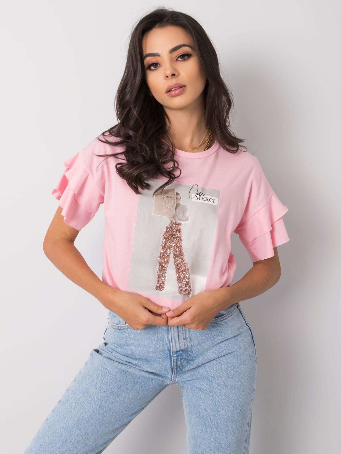 Różowy t-shirt z falbanami Xandy