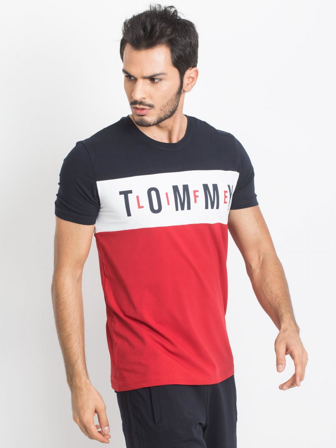 Granatowo-czerwony t-shirt męski TOMMY LIFE