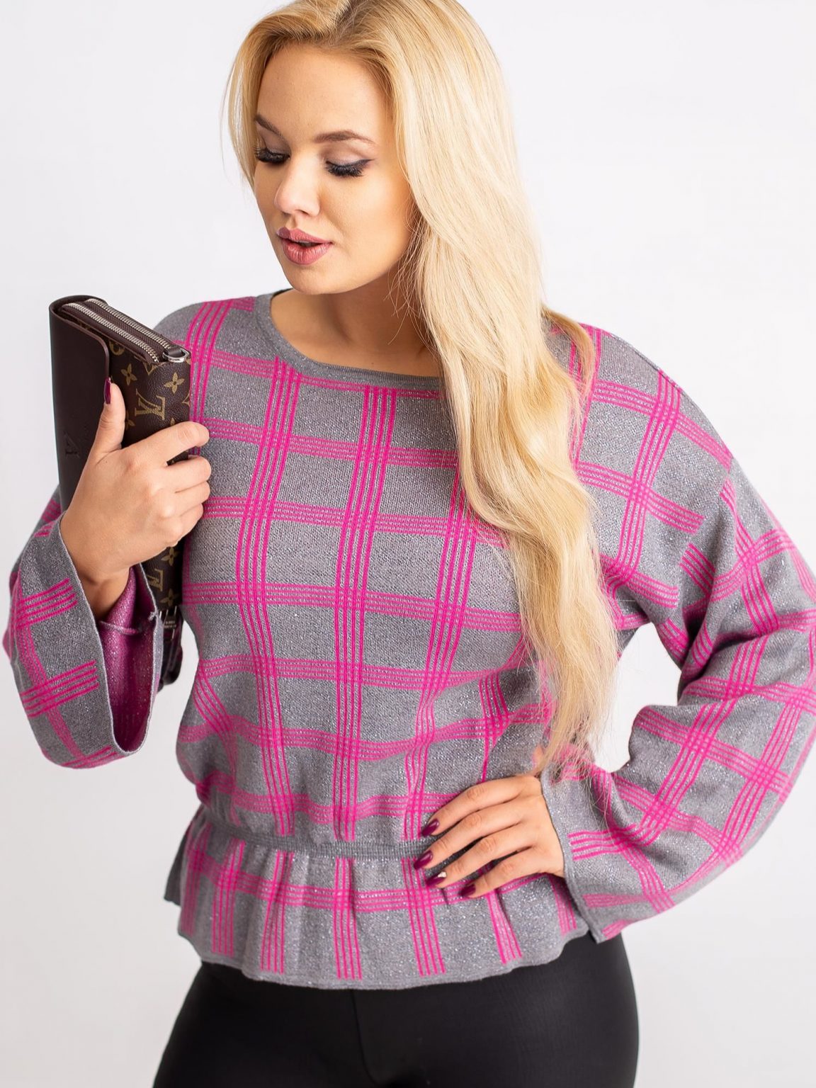 RUE PARIS Szaro-różowy sweter plus size Misty
