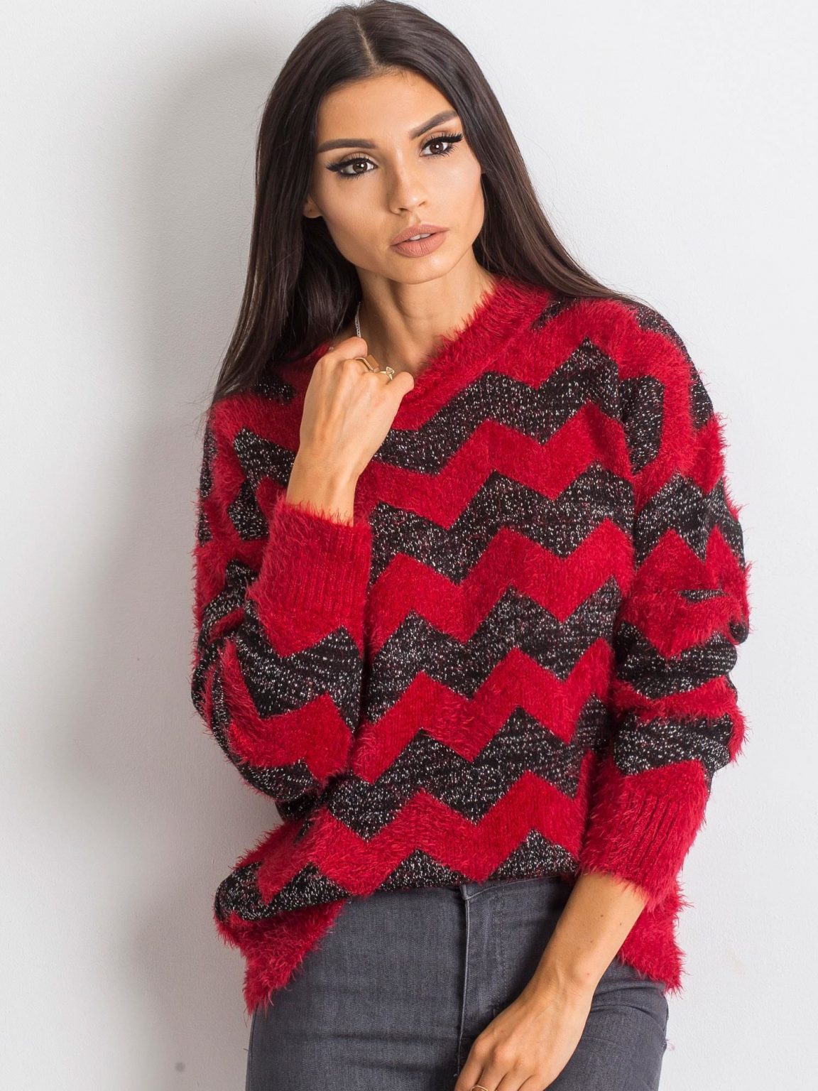 RUE PARIS Czerwono-czarny sweter Geometric