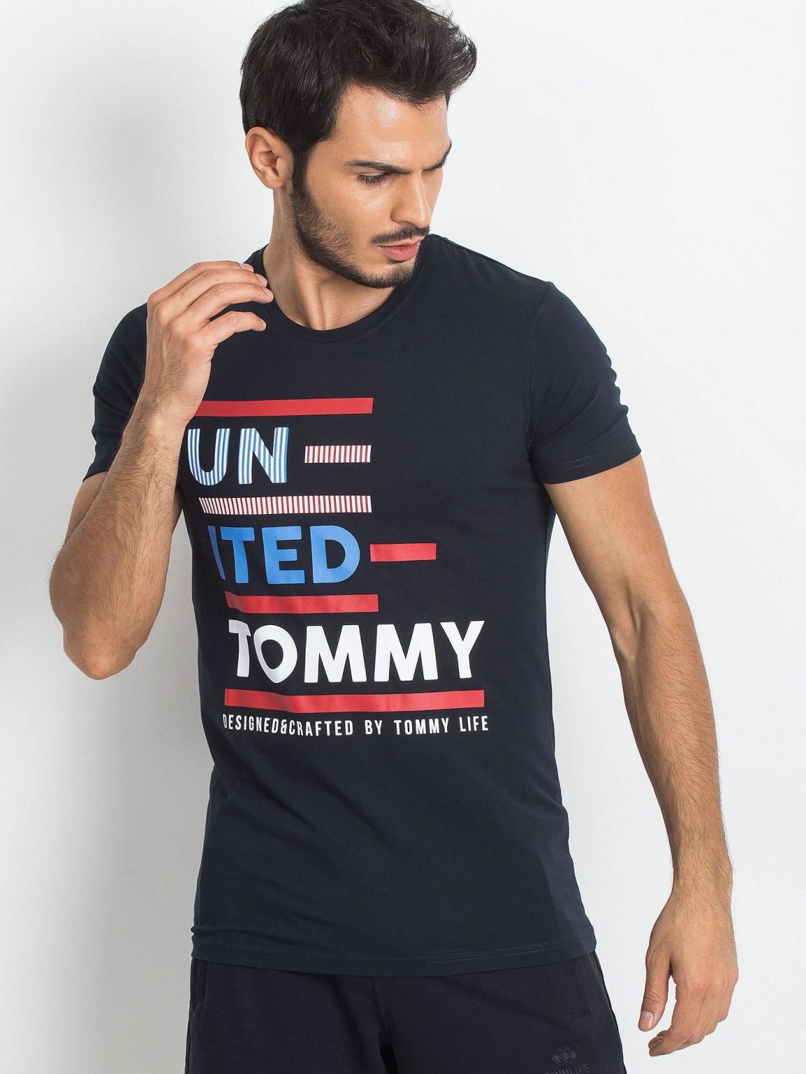 TOMMY LIFE Granatowa męska koszulka
