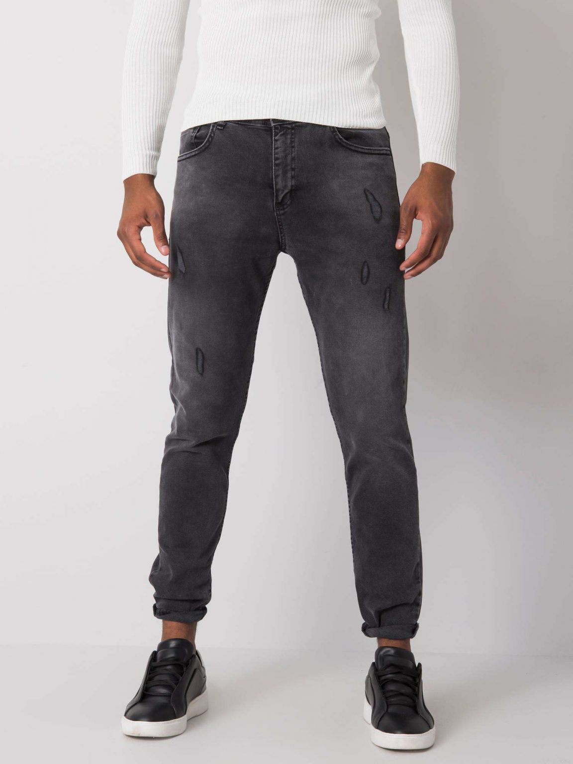 Czarne męskie spodnie jeansowe z przetarciami Jaiden