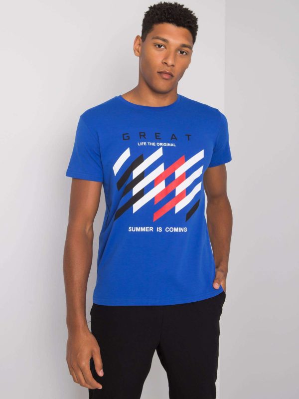 Ciemnoniebieski t-shirt męski z kolorowym nadrukiem Adriel