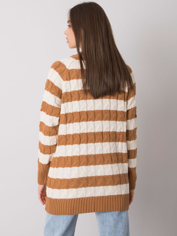 Camelowo-kremowy sweter rozpinany w paski Lamia