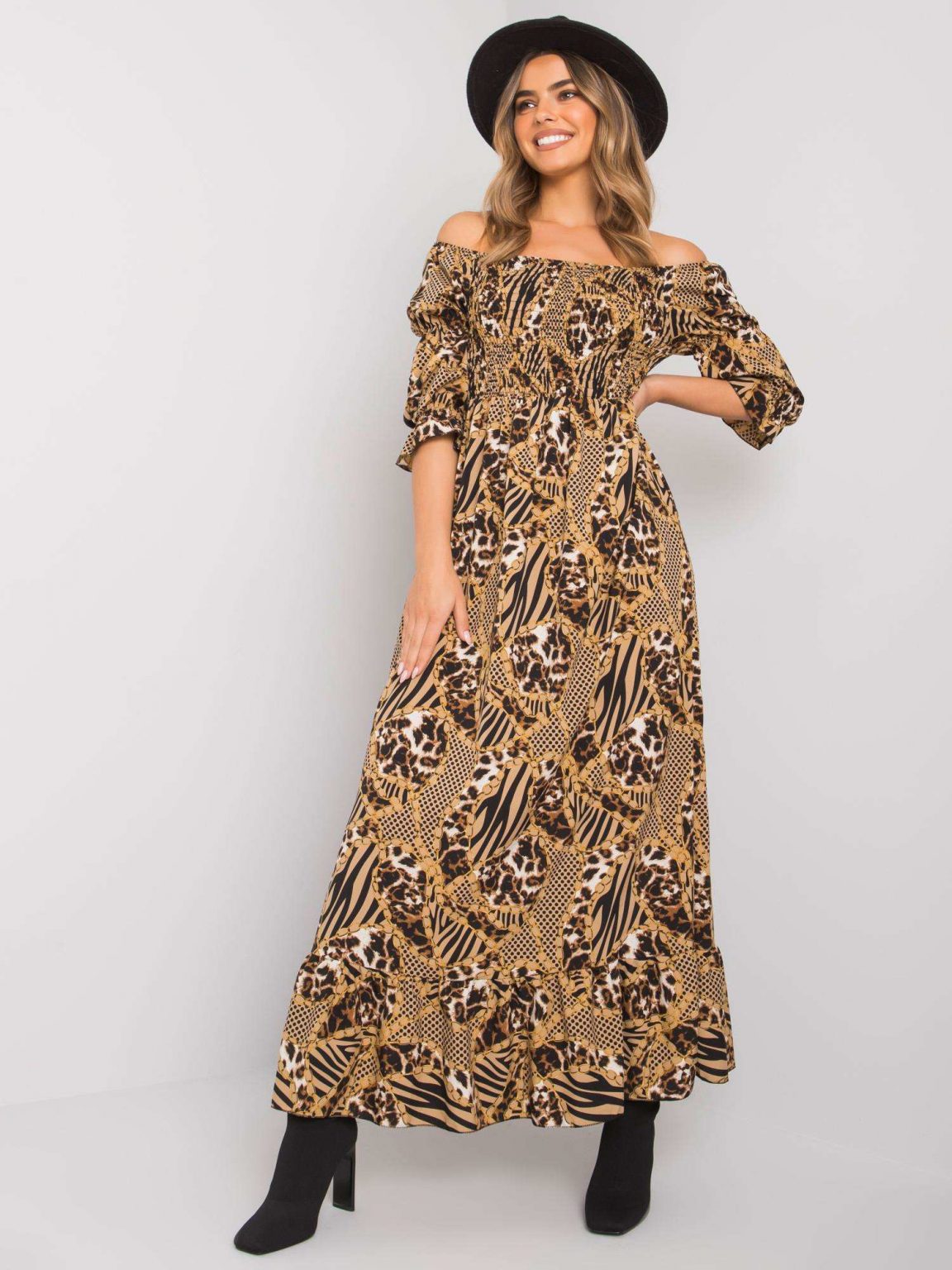 Ciemnobeżowa sukienka z printami Javina