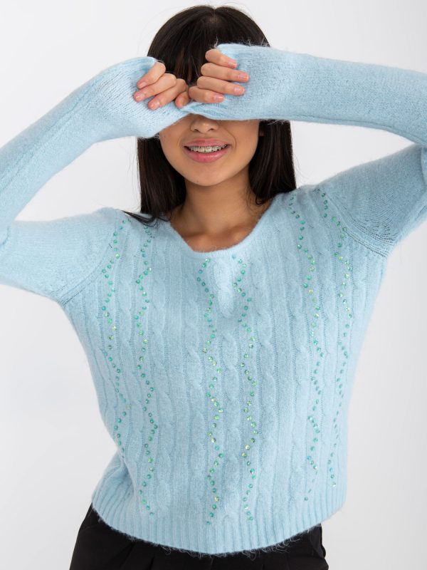 Hurtownia Jasnoniebieski damski sweter klasyczny w warkocze