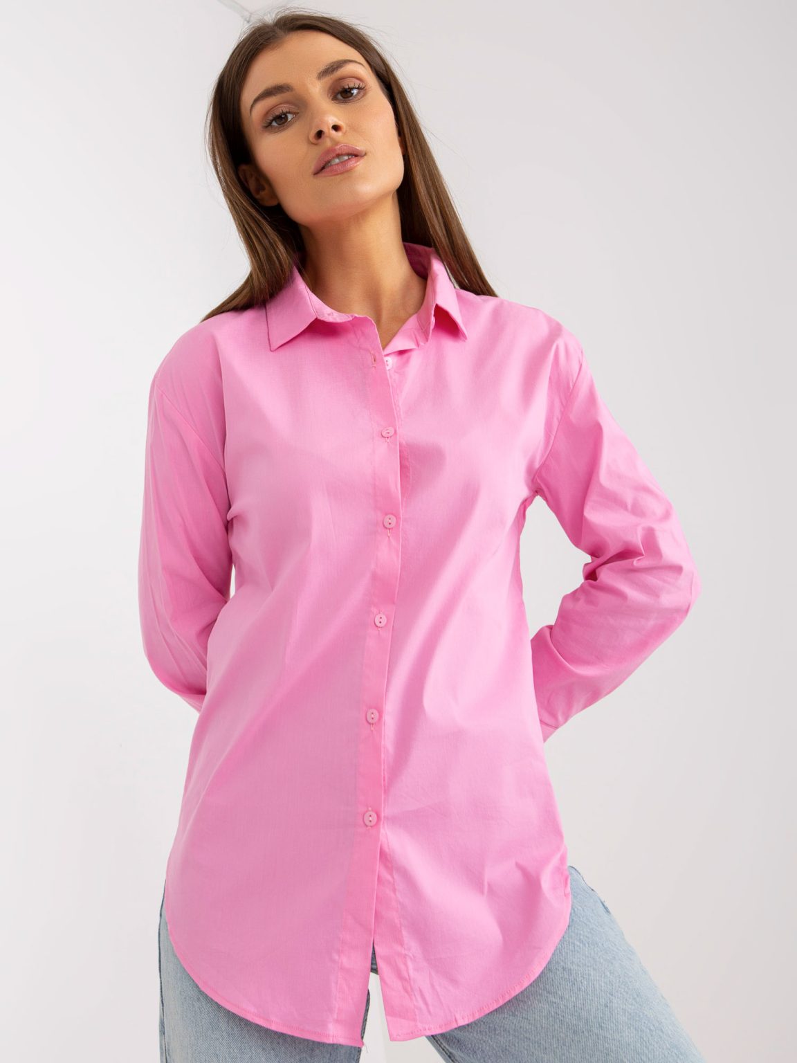 Hurtownia Różowa bawełniana koszula klasyczna z długim rękawem