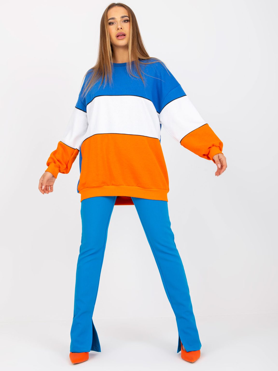 Hurtownia Niebiesko-pomarańczowa dresowa bluza basic oversize RUE PARIS