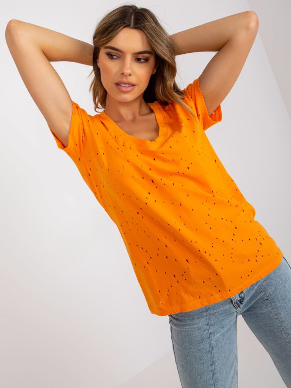 Hurtownia Pomarańczowy bawełniany t-shirt z dekoltem w serek