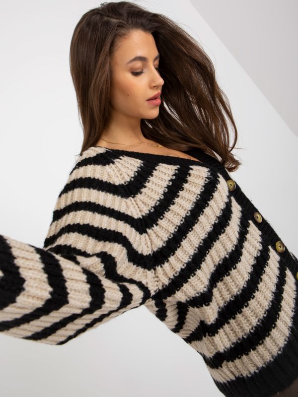 Hurtownia Czarno-beżowy damski sweter rozpinany z dekoltem V
