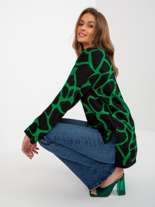 Hurtownia Zielono-czarny wzorzysty sweter oversize z szerokim rękawem