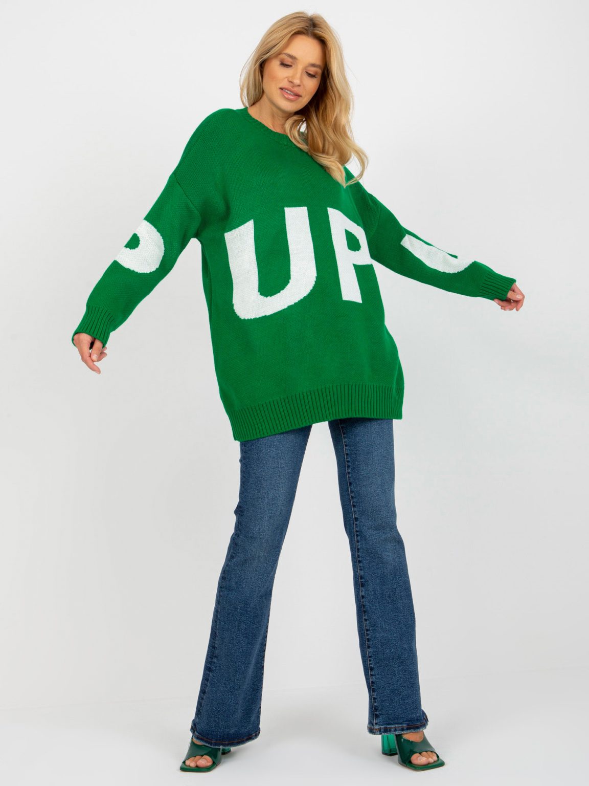 Hurtownia Zielony długi sweter oversize z napisem RUE PARIS