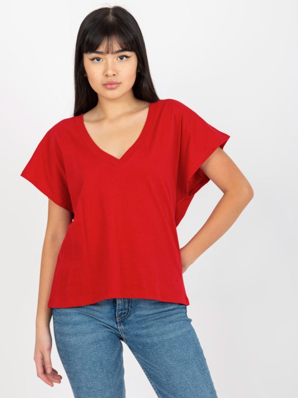 Hurtownia Ciemnoczerwony t-shirt jednokolorowy z dekoltem w serek MAYFLIES