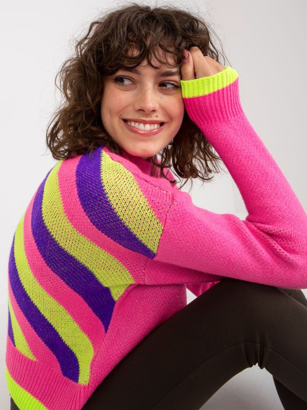 Hurtownia Różowy damski sweter klasyczny z kolorowym wzorem