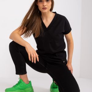 Commerte con ridicata Negru Tricou Basic de culoare solidă cu decolteu în V Severine