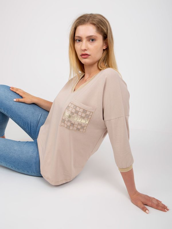 Velkoobchod Béžová Bavlna Plus Velikost V-Neck Halenka