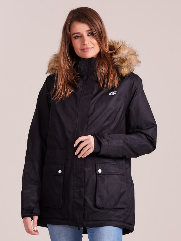 Velkoobchod 4F černá lyžařská bunda s kapucí a kožešinou
