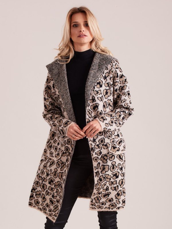 Velkoobchod Bežový dámský svetr s kapucí vzory
