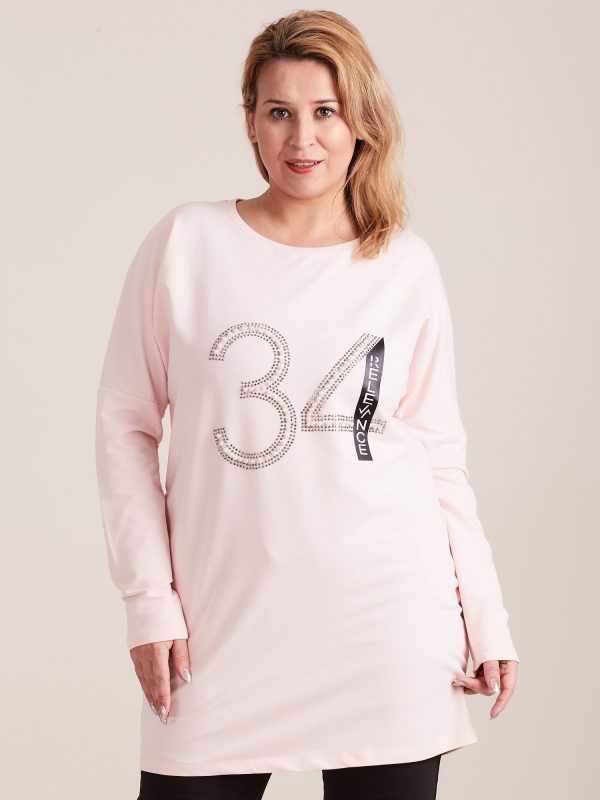 Velkoobchod Světle růžová mikina tunika s appliací PLUS SIZE