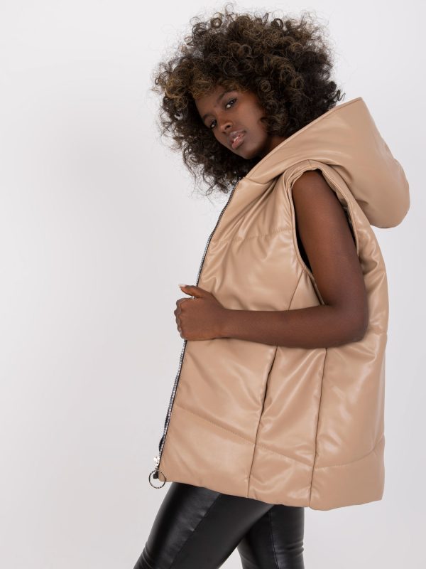 Veľkoobchod Béžová Dámska ekologická kožená vesta s kapucňou