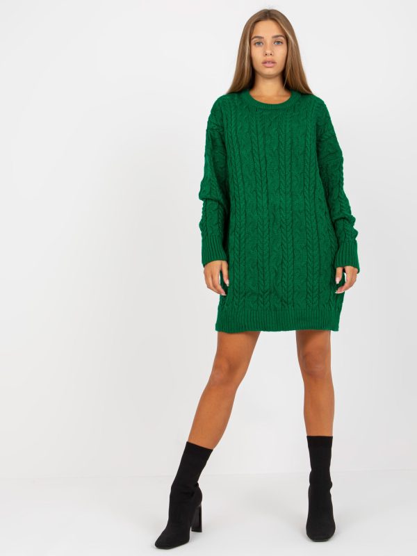 Veľkoobchod Zelený dlhý sveter s vrkôčikmi a okrúhlym výstrihom RUE P
