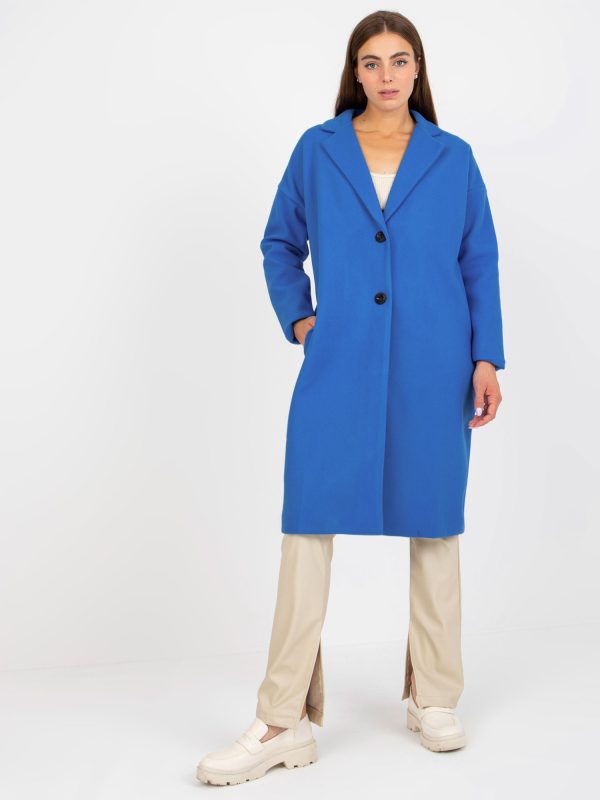 Veľkoobchod Teplý modrý dámsky kabát s gombíkovým uzavretím OCH BELLA