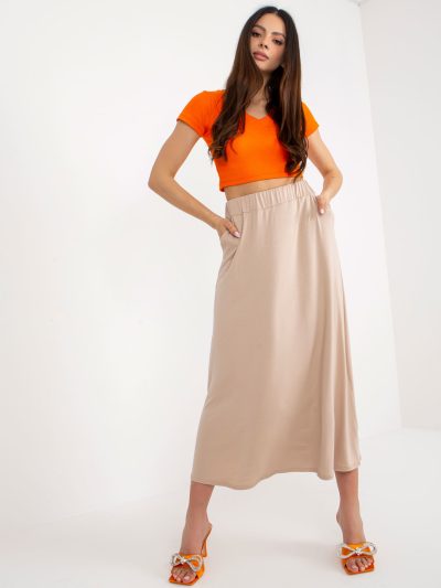 Veľkoobchodná béžová midi sukňa basic s vreckami RUE PARIS