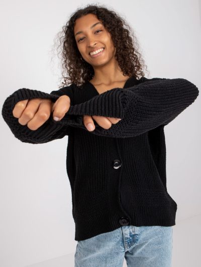 Veľkoobchodný čierny dámsky sveter s veľkými gombíkmi RUE PARIS