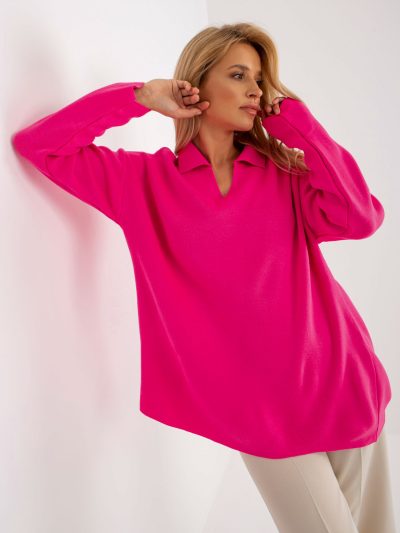 Veľkoobchodný sveter Fluo ružový dlhý oversize s golierom RUE PARIS