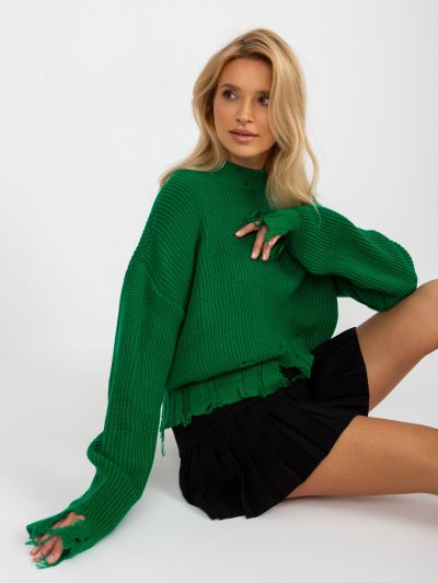 Veľkoobchodný zelený asymetrický sveter s otvormi s vlnou RUE PARIS