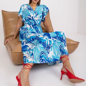 Großhandel Weiß-blaues Maxikleid mit Prints und Wickelausschnitt