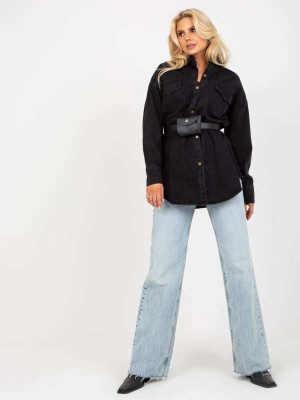 Großhandel Schwarzes Damen-Jeanshemd mit Gürtel und Beutel