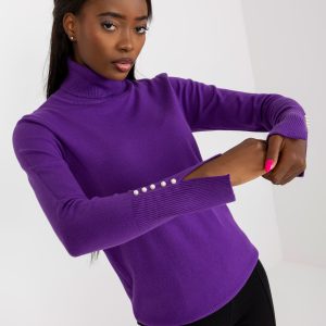 Großhandel Dunkelvioletter Pullover mit Rollkragen und Applikation an den Ärmeln