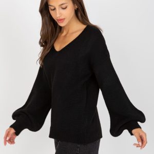 Großhandel Schwarzer Pullover mit V-Neck und weiten Ärmeln OCH