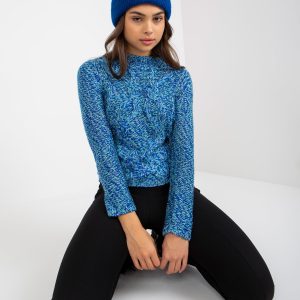 Großhandel Blauer klassischer Pullover mit Zöpfen und Stehkragen