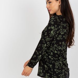 Großhandel Schwarz-khakifarbene Bluse mit Print und langen Ärmeln RUE PARIS