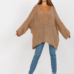 Großhandel Dunkelbeiger Oversize Pullover mit V-Ausschnitt OCH BELLA