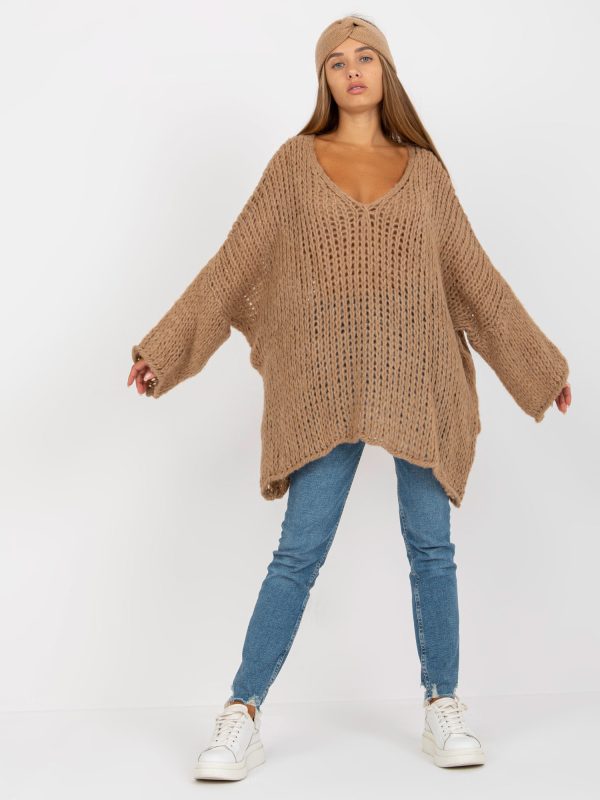 Großhandel Dunkelbeiger Oversize Pullover mit V-Ausschnitt OCH BELLA