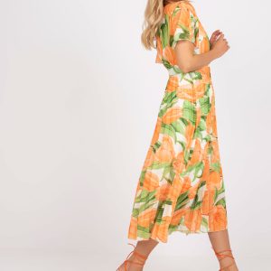 Großhandel Orange-grünes, plissiertes Einheitsgröße Blumenkleid