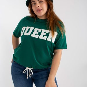 Großhandel Dunkelgrüne Plus -Size-Bluse aus Baumwolle mit Schriftzug