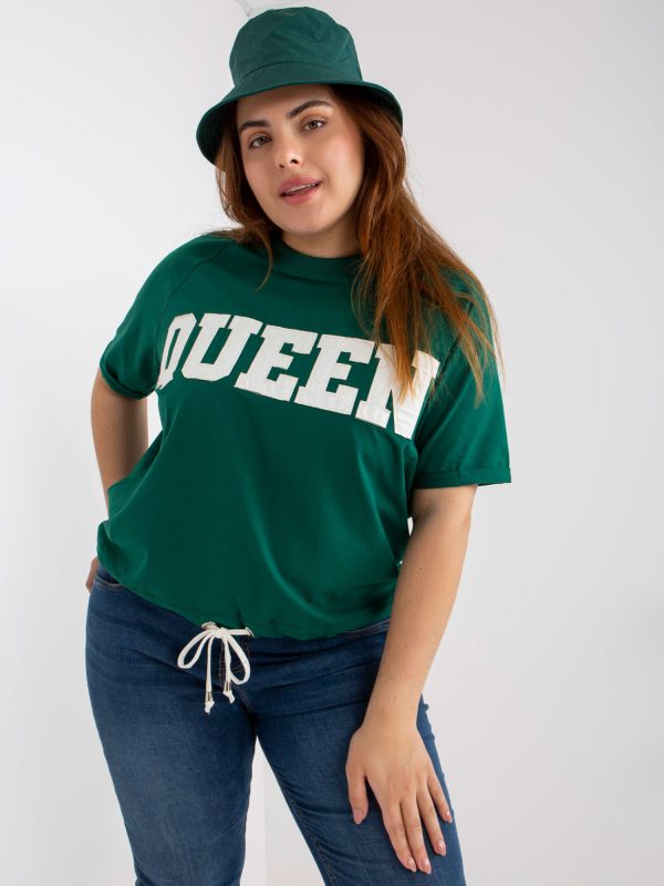 Großhandel Dunkelgrüne Plus -Size-Bluse aus Baumwolle mit Schriftzug