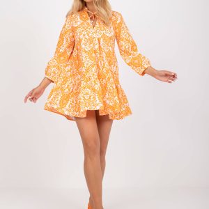 Großhandel Orangefarbenes Minikleid mit Prints und Rüschen RUE PARIS