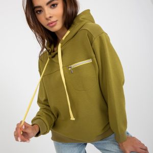 Großhandel Olivfarbenes Sweatshirt mit Hoodie und Tasche